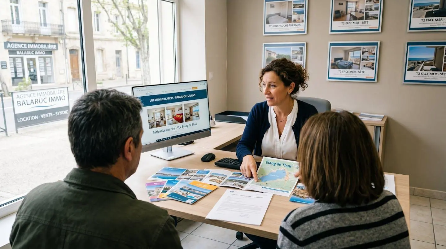 Conseillère immobilière dans une agence à Balaruc-les-Bains présentant des documents de location saisonnière à un couple de clients, bureau contemporain avec écran et brochures