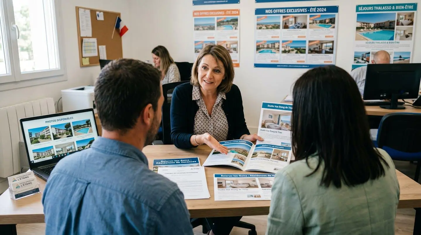 Conseillère immobilière dans une agence à Balaruc-les-Bains présentant des documents de location saisonnière à un couple de clients, bureau contemporain avec écran et brochures
