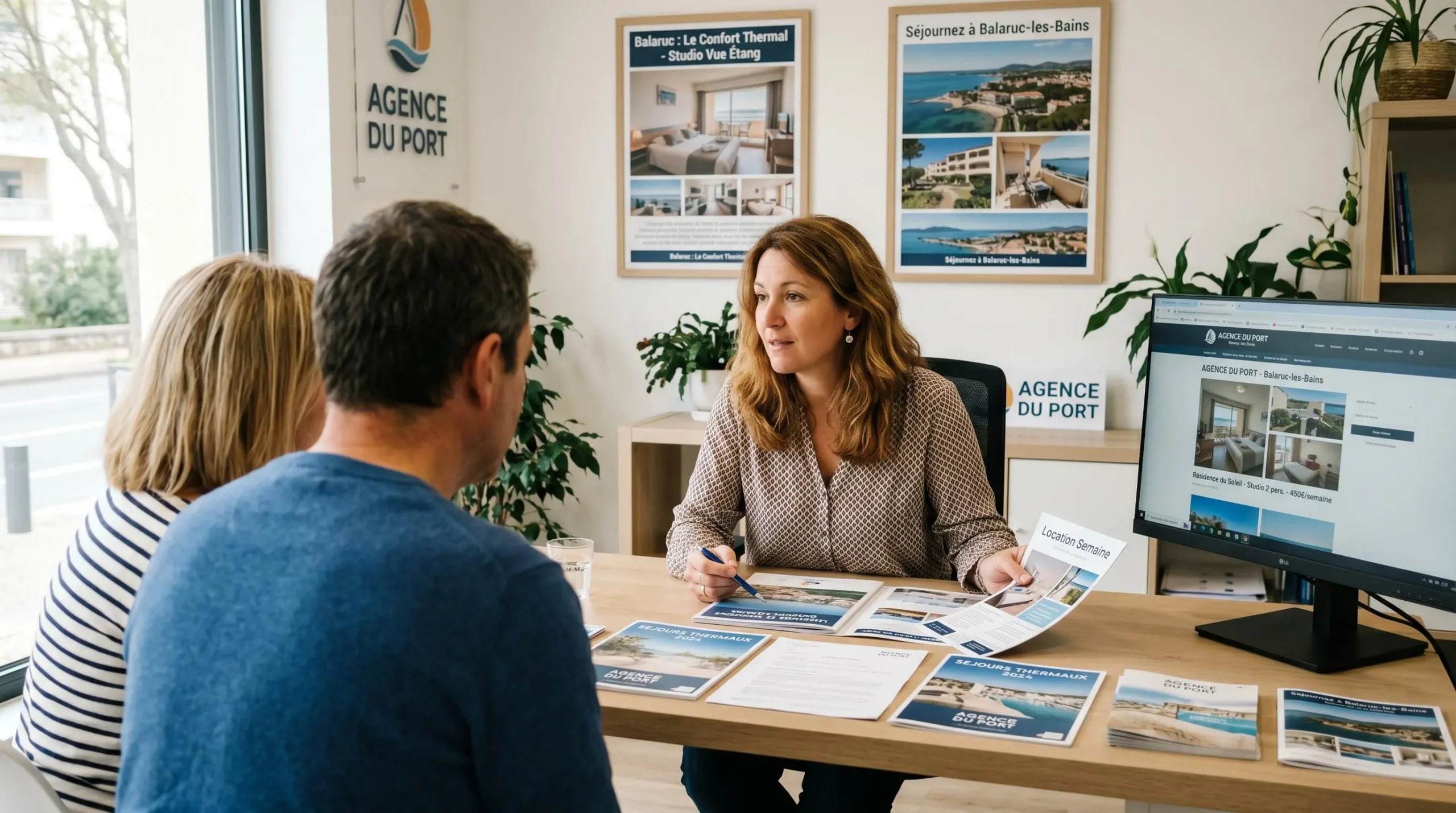 Conseillère immobilière dans une agence à Balaruc-les-Bains présentant des documents de location saisonnière à un couple de clients, bureau contemporain avec écran et brochures