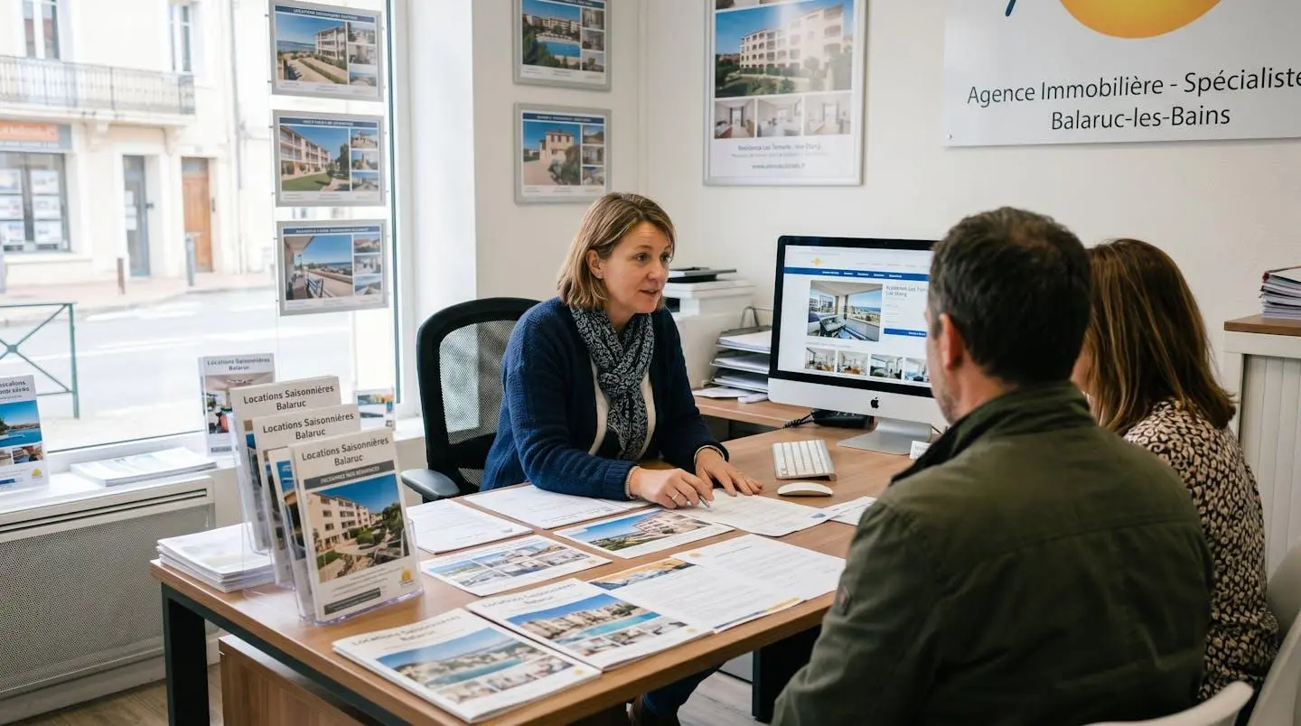 Conseillère immobilière dans une agence à Balaruc-les-Bains présentant des documents de location saisonnière à un couple de clients, bureau contemporain avec écran et brochures
