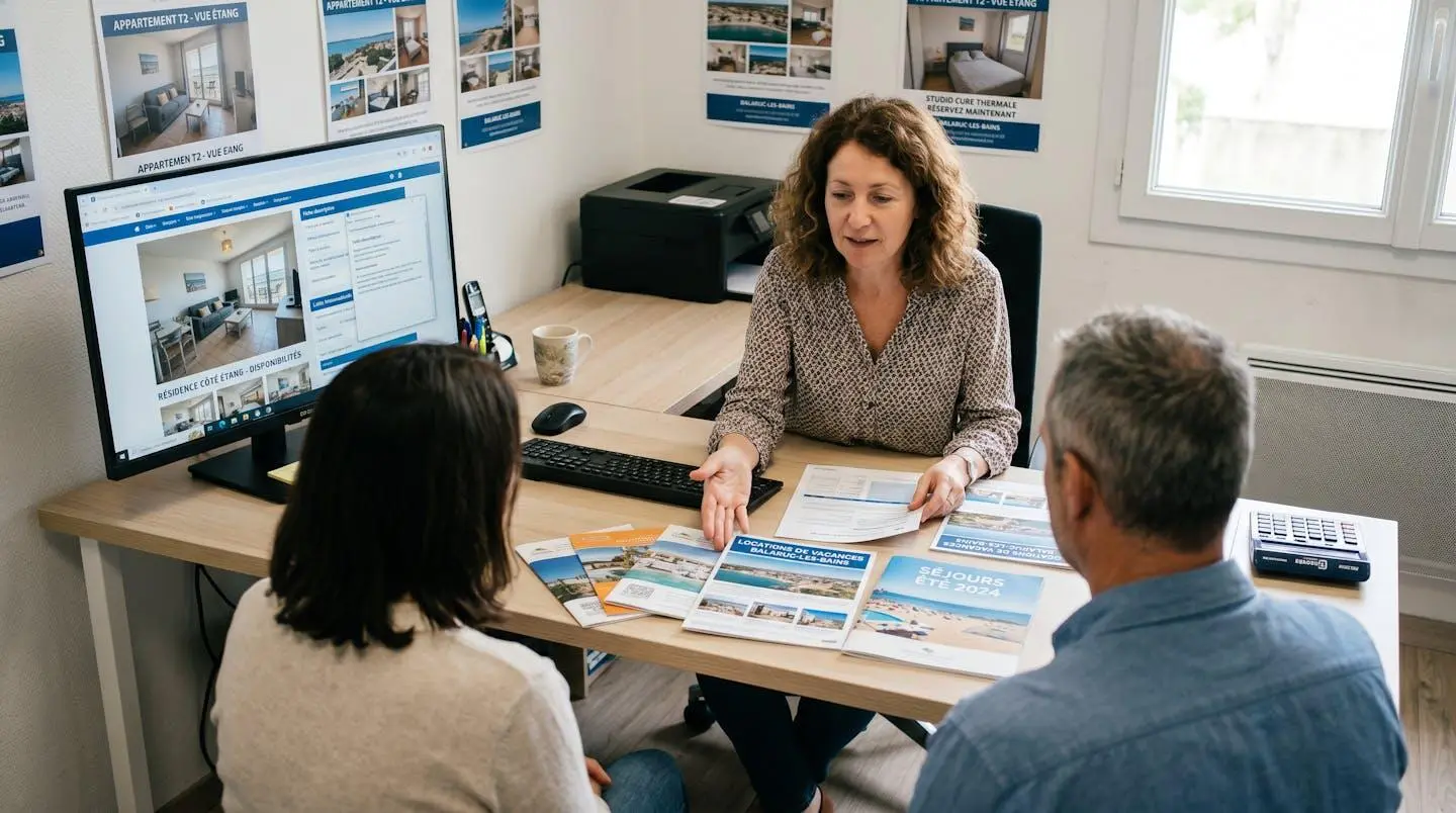 Conseillère immobilière dans une agence à Balaruc-les-Bains présentant des documents de location saisonnière à un couple de clients, bureau contemporain avec écran et brochures
