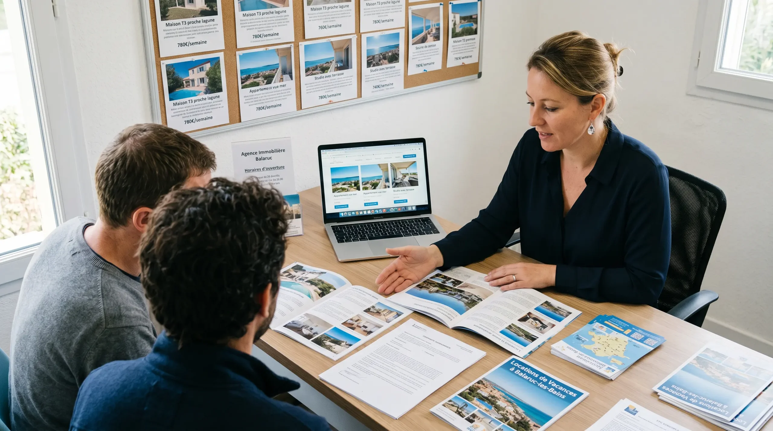 Conseillère immobilière dans une agence à Balaruc-les-Bains présentant des documents de location saisonnière à un couple de clients, bureau contemporain avec écran et brochures