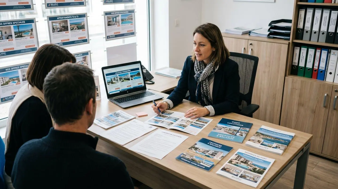 Conseillère immobilière dans une agence à Balaruc-les-Bains présentant des documents de location saisonnière à un couple de clients, bureau contemporain avec écran et brochures