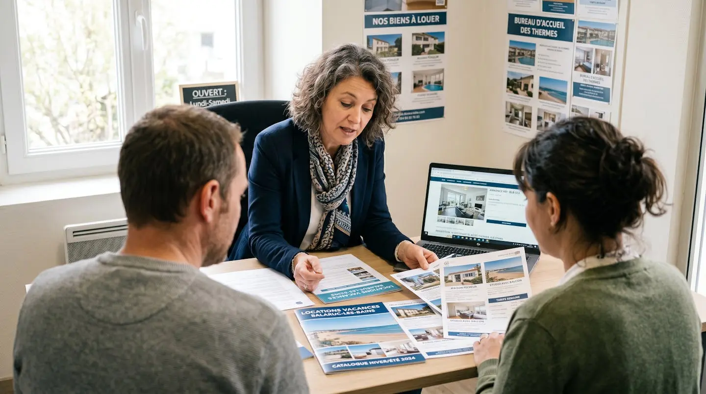 Conseillère immobilière dans une agence à Balaruc-les-Bains présentant des documents de location saisonnière à un couple de clients, bureau contemporain avec écran et brochures