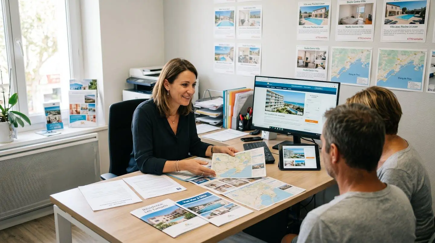 Conseillère immobilière dans une agence à Balaruc-les-Bains présentant des documents de location saisonnière à un couple de clients, bureau contemporain avec écran et brochures
