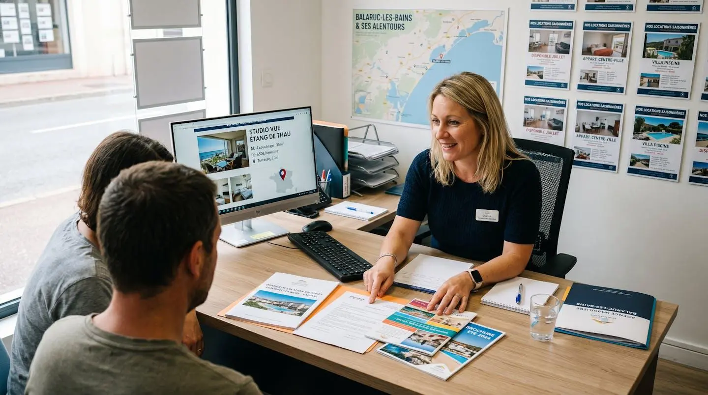 Conseillère immobilière dans une agence à Balaruc-les-Bains présentant des documents de location saisonnière à un couple de clients, bureau contemporain avec écran et brochures