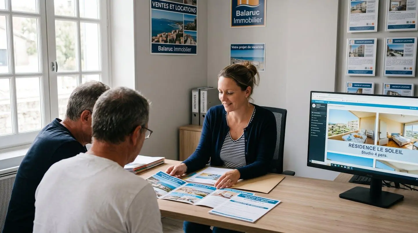 Conseillère immobilière dans une agence à Balaruc-les-Bains présentant des documents de location saisonnière à un couple de clients, bureau contemporain avec écran et brochures
