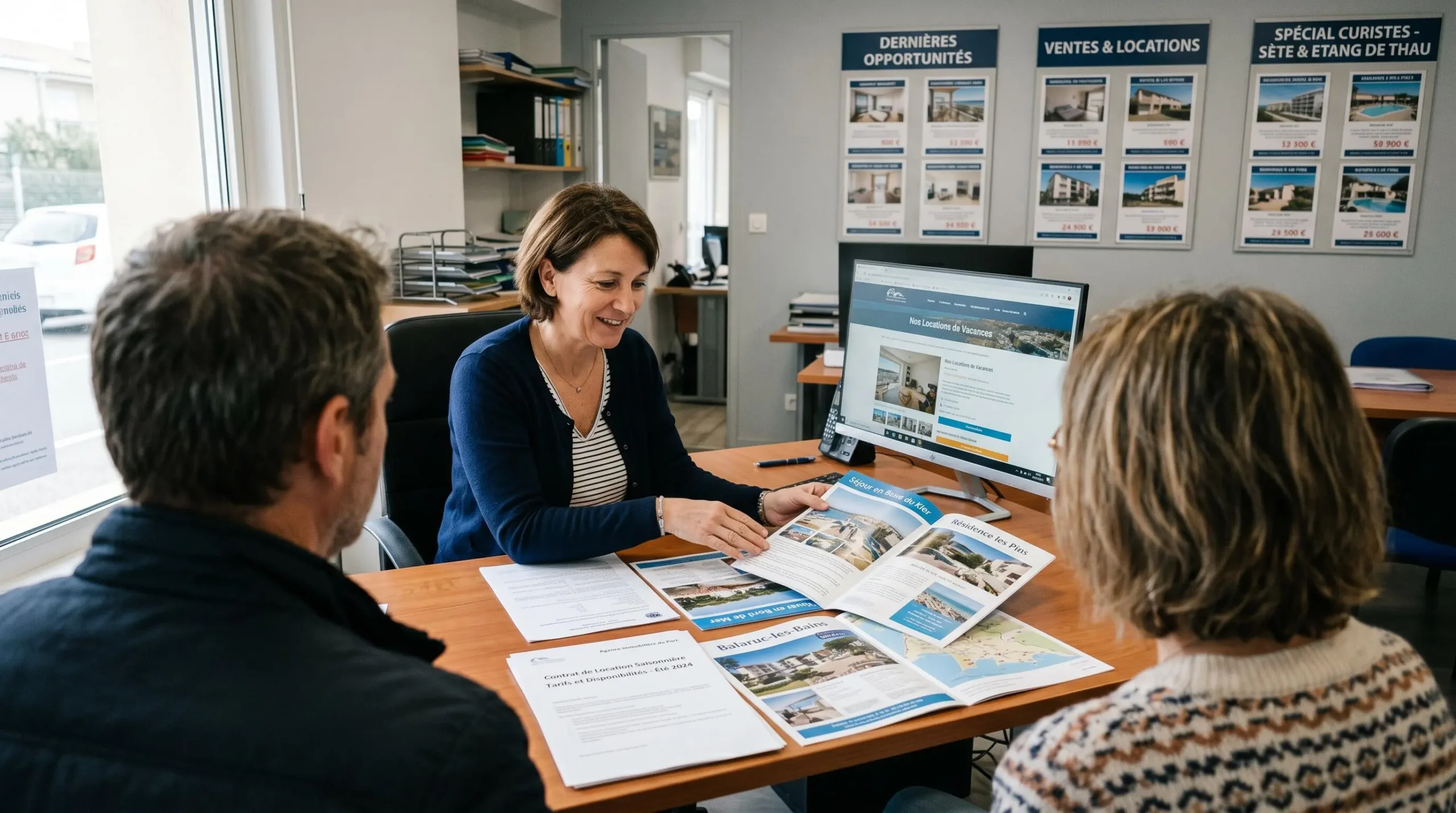 Conseillère immobilière dans une agence à Balaruc-les-Bains présentant des documents de location saisonnière à un couple de clients, bureau contemporain avec écran et brochures
