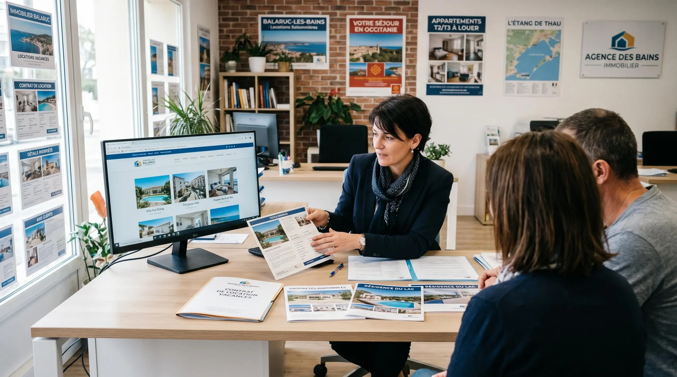 Conseillère immobilière dans une agence à Balaruc-les-Bains présentant des documents de location saisonnière à un couple de clients, bureau contemporain avec écran et brochures