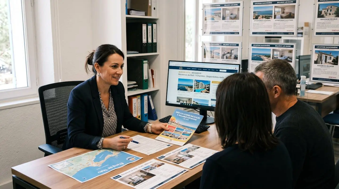 Conseillère immobilière dans une agence à Balaruc-les-Bains présentant des documents de location saisonnière à un couple de clients, bureau contemporain avec écran et brochures