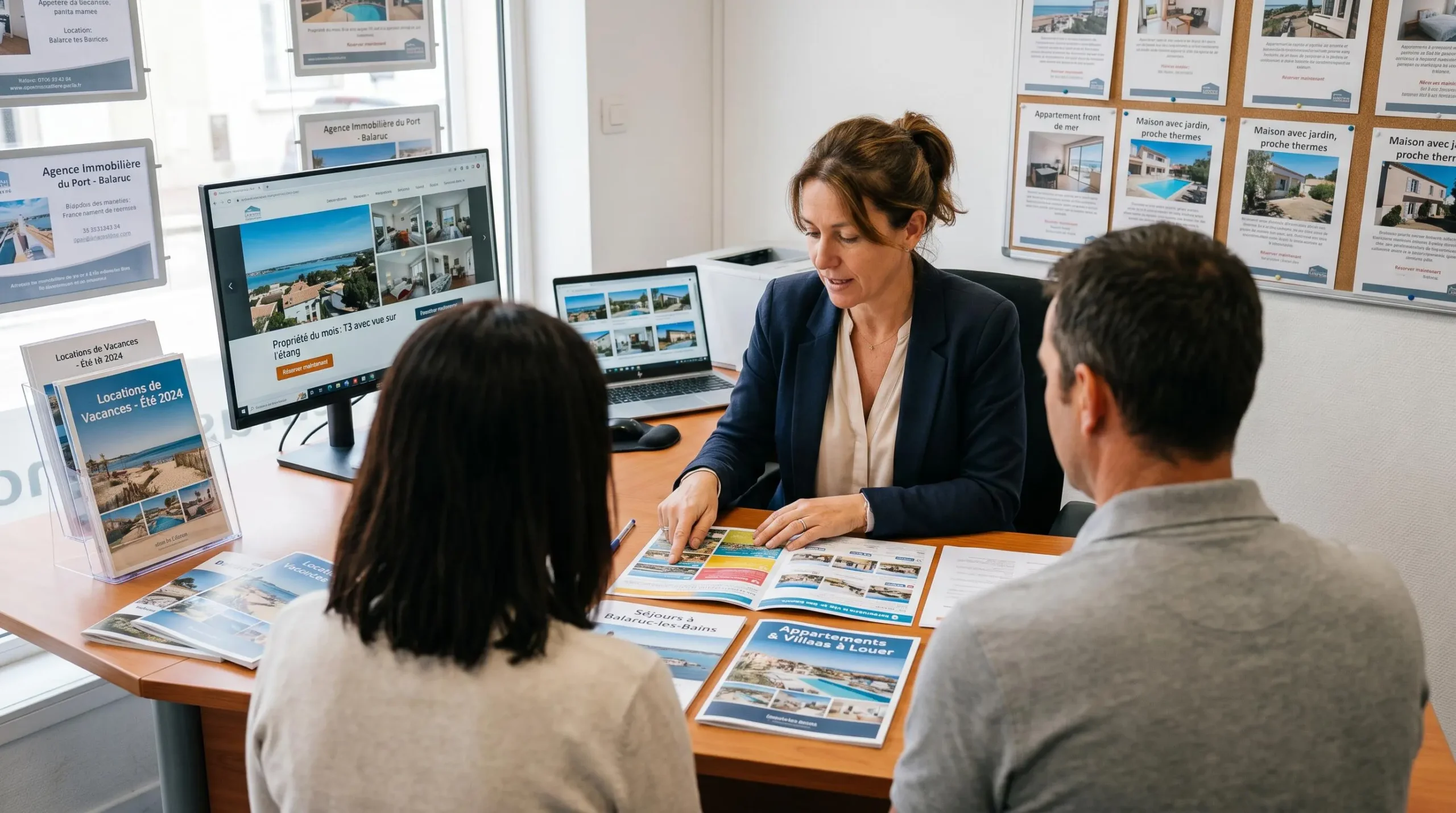 Conseillère immobilière dans une agence à Balaruc-les-Bains présentant des documents de location saisonnière à un couple de clients, bureau contemporain avec écran et brochures
