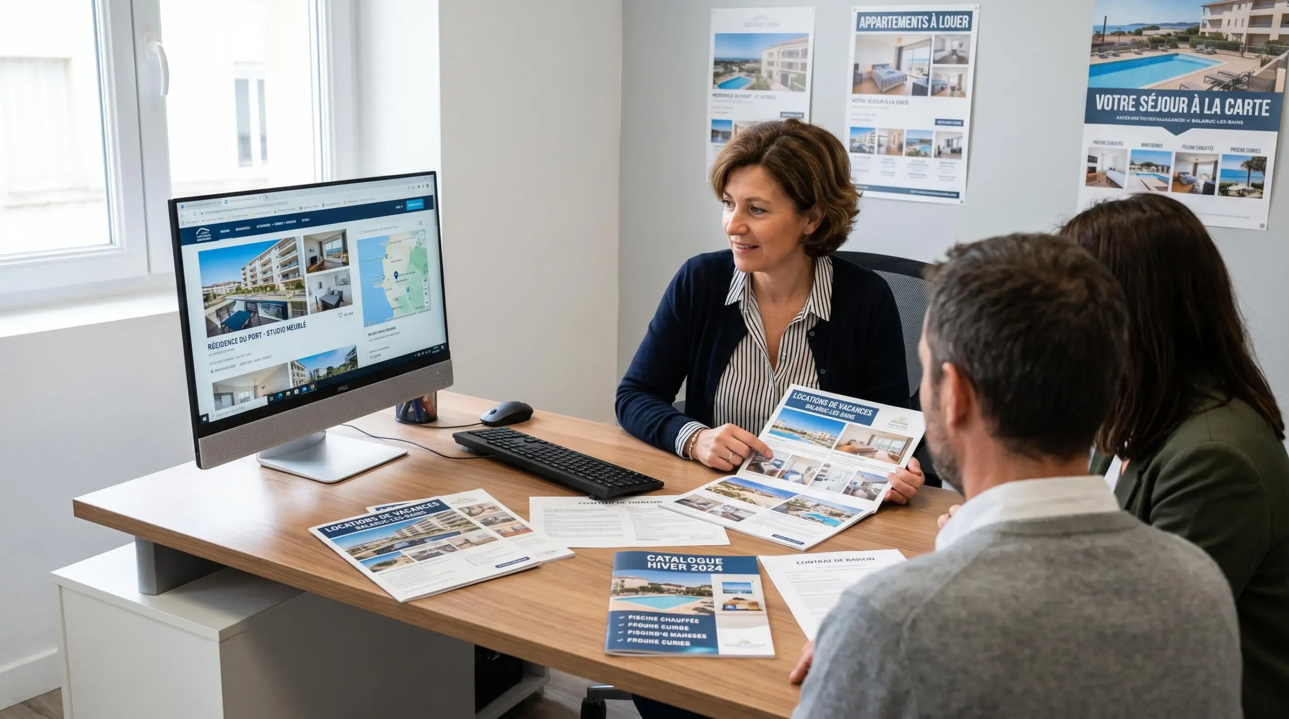 Conseillère immobilière dans une agence à Balaruc-les-Bains présentant des documents de location saisonnière à un couple de clients, bureau contemporain avec écran et brochures