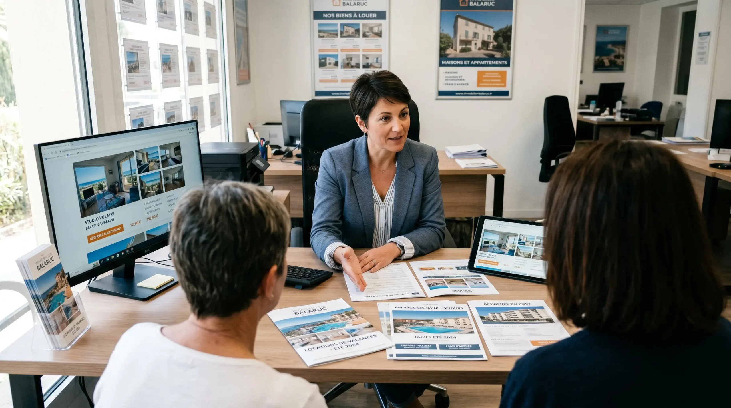 Conseillère immobilière dans une agence à Balaruc-les-Bains présentant des documents de location saisonnière à un couple de clients, bureau contemporain avec écran et brochures