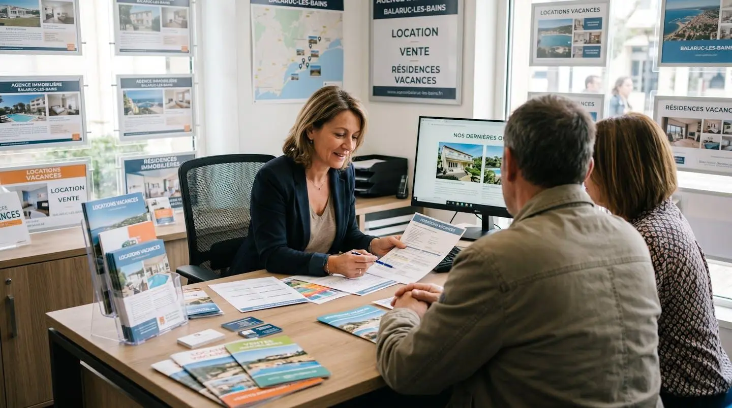 Conseillère immobilière dans une agence à Balaruc-les-Bains présentant des documents de location saisonnière à un couple de clients, bureau contemporain avec écran et brochures