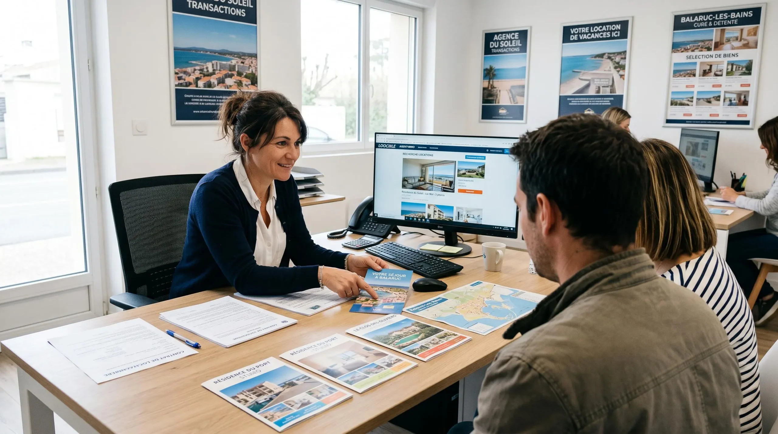 Conseillère immobilière dans une agence à Balaruc-les-Bains présentant des documents de location saisonnière à un couple de clients, bureau contemporain avec écran et brochures