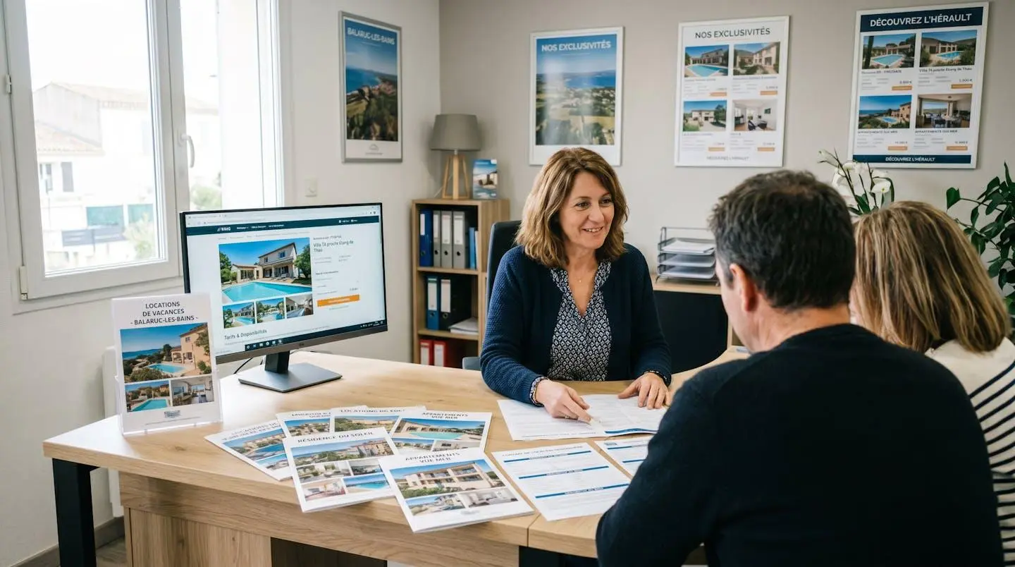 Conseillère immobilière dans une agence à Balaruc-les-Bains présentant des documents de location saisonnière à un couple de clients, bureau contemporain avec écran et brochures