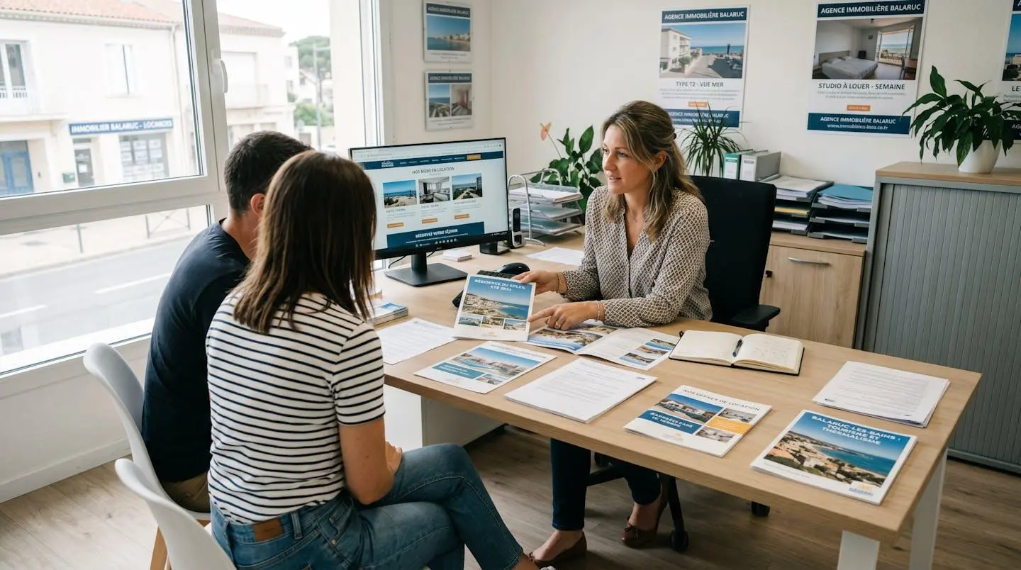 Conseillère immobilière dans une agence à Balaruc-les-Bains présentant des documents de location saisonnière à un couple de clients, bureau contemporain avec écran et brochures