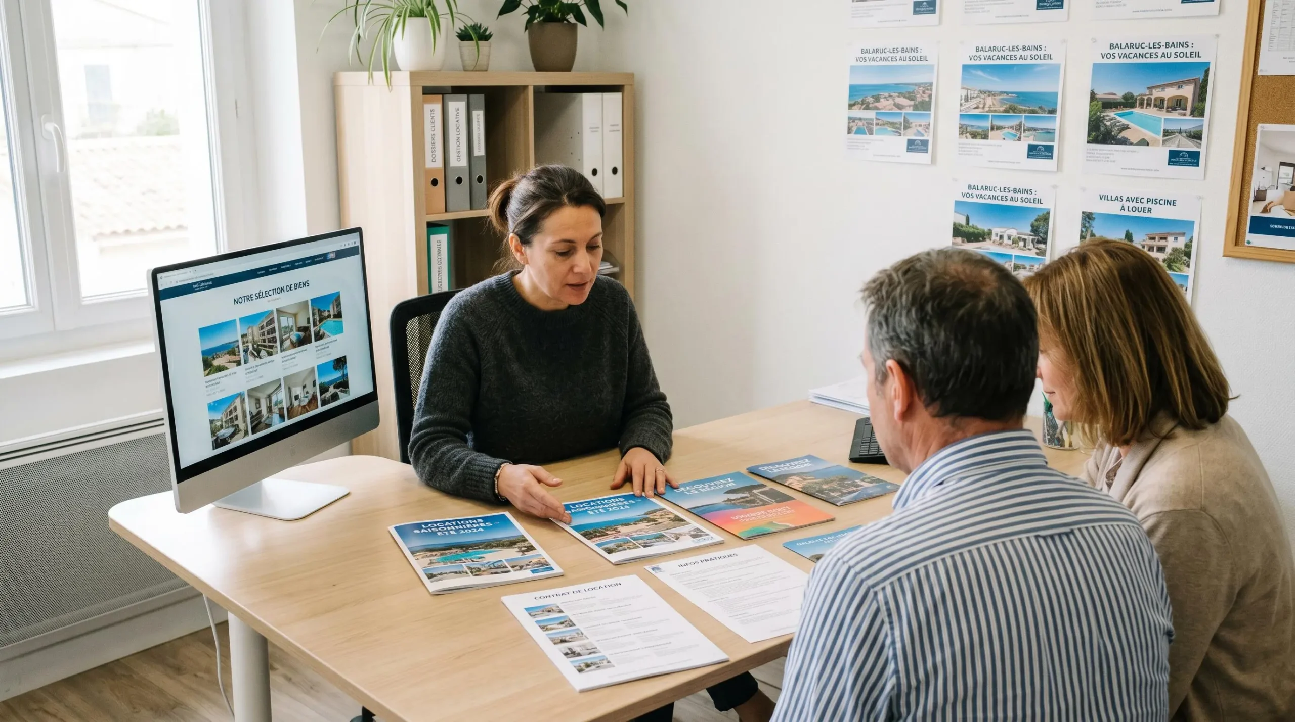 Conseillère immobilière dans une agence à Balaruc-les-Bains présentant des documents de location saisonnière à un couple de clients, bureau contemporain avec écran et brochures