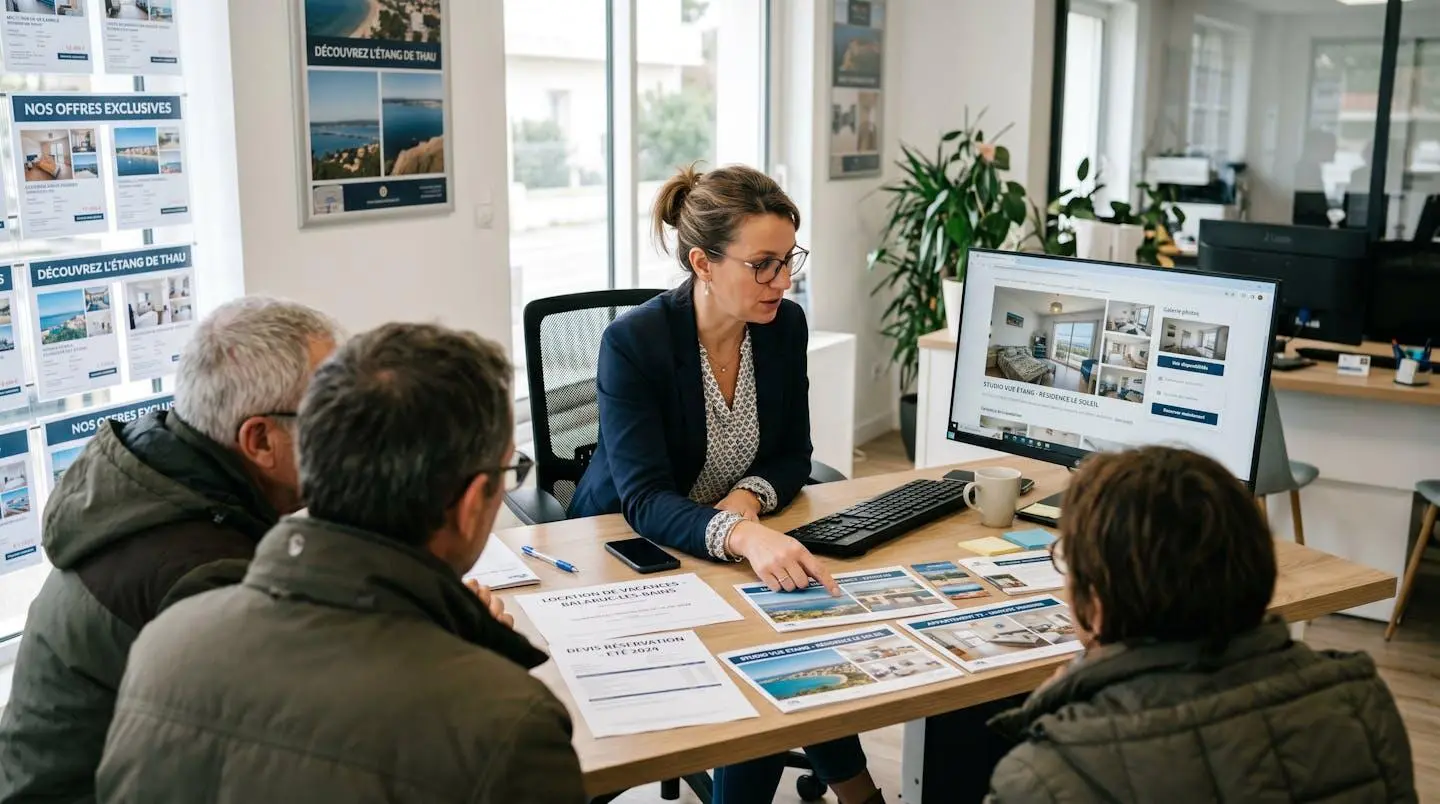 Conseillère immobilière dans une agence à Balaruc-les-Bains présentant des documents de location saisonnière à un couple de clients, bureau contemporain avec écran et brochures