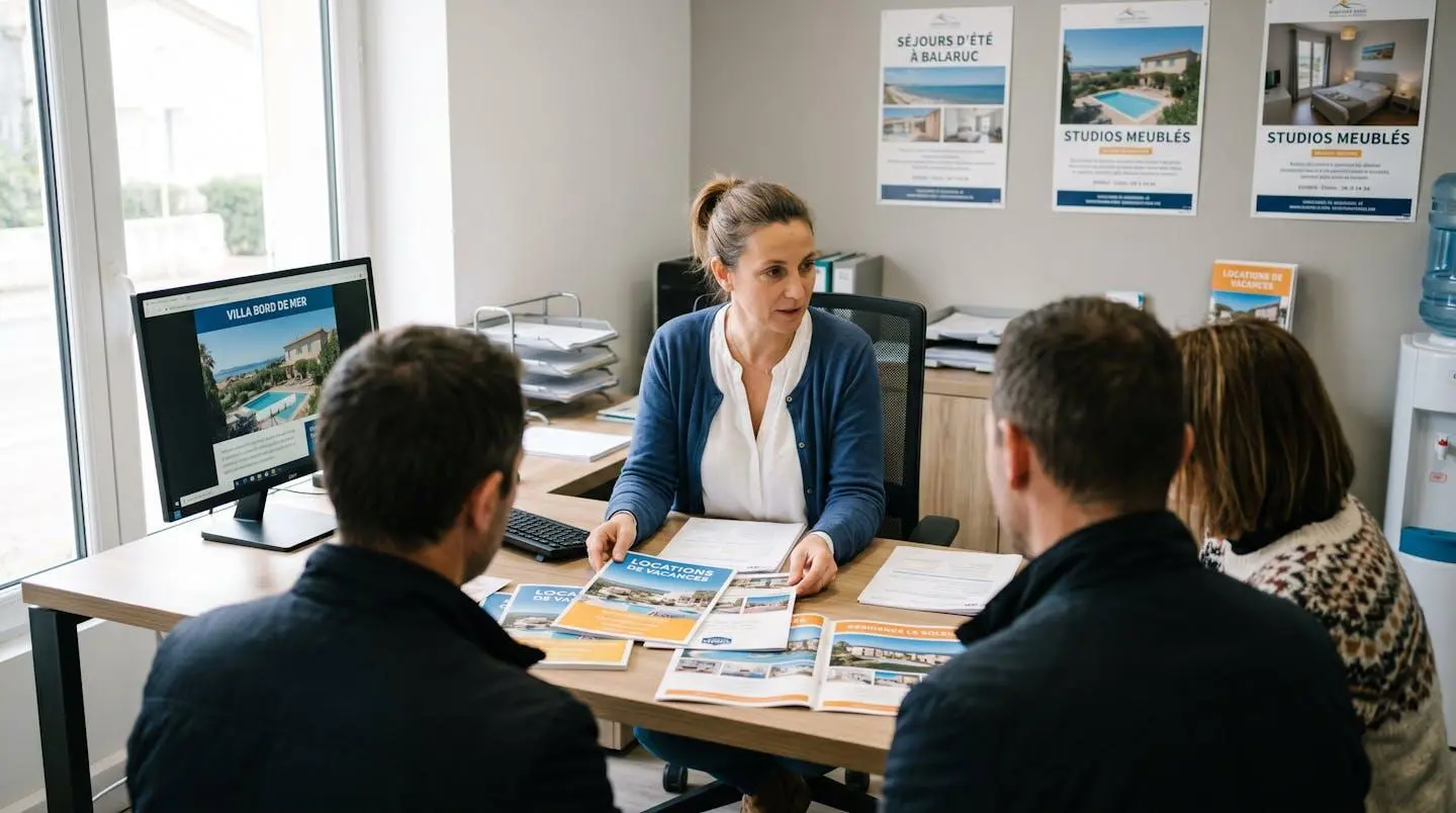Conseillère immobilière dans une agence à Balaruc-les-Bains présentant des documents de location saisonnière à un couple de clients, bureau contemporain avec écran et brochures