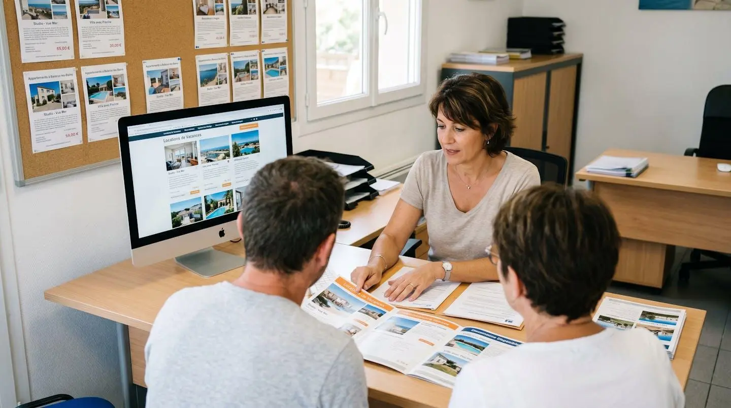 Conseillère immobilière dans une agence à Balaruc-les-Bains présentant des documents de location saisonnière à un couple de clients, bureau contemporain avec écran et brochures