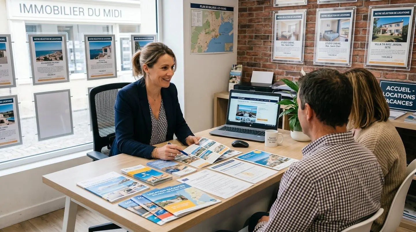 Conseillère immobilière dans une agence à Balaruc-les-Bains présentant des documents de location saisonnière à un couple de clients, bureau contemporain avec écran et brochures
