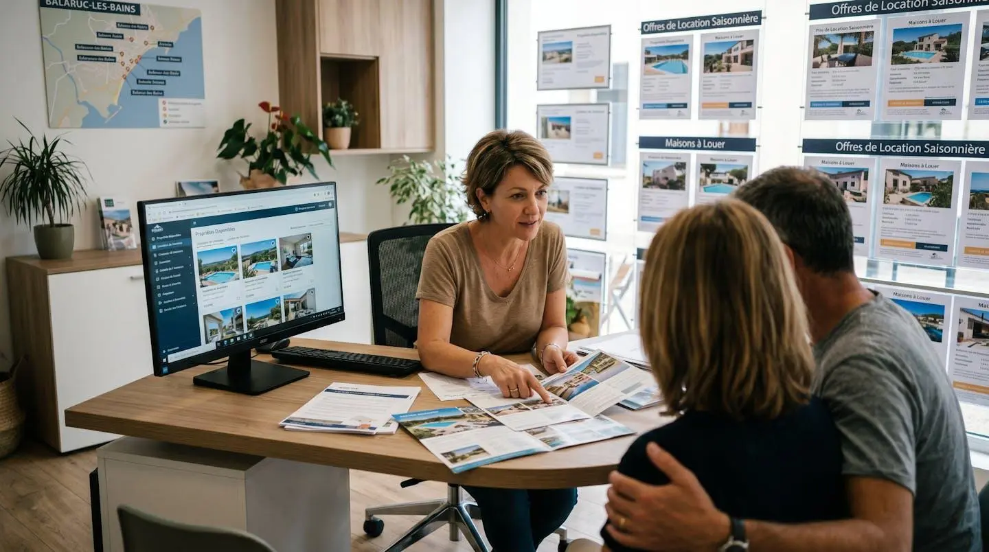Conseillère immobilière dans une agence à Balaruc-les-Bains présentant des documents de location saisonnière à un couple de clients, bureau contemporain avec écran et brochures