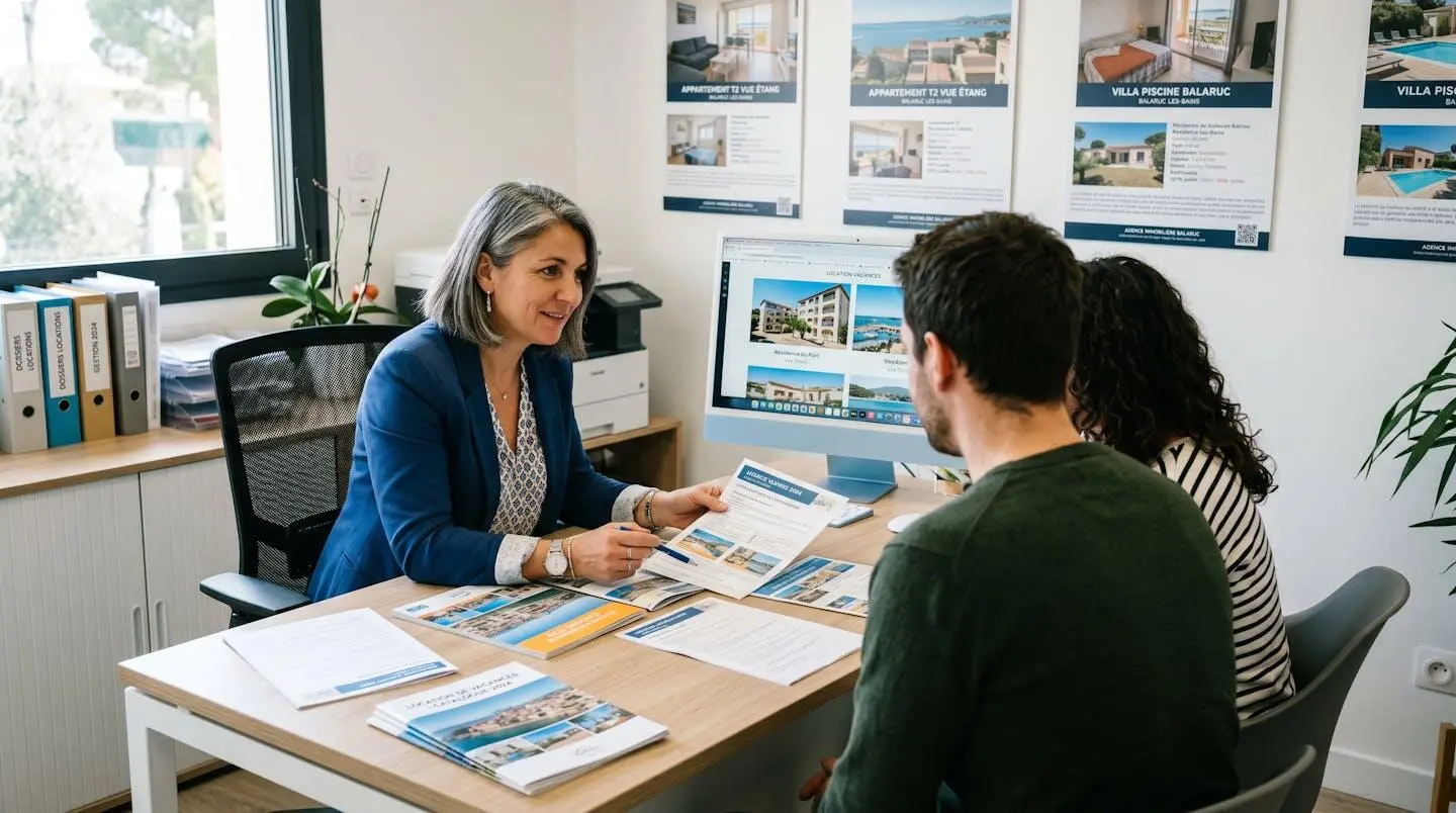 Conseillère immobilière dans une agence à Balaruc-les-Bains présentant des documents de location saisonnière à un couple de clients, bureau contemporain avec écran et brochures