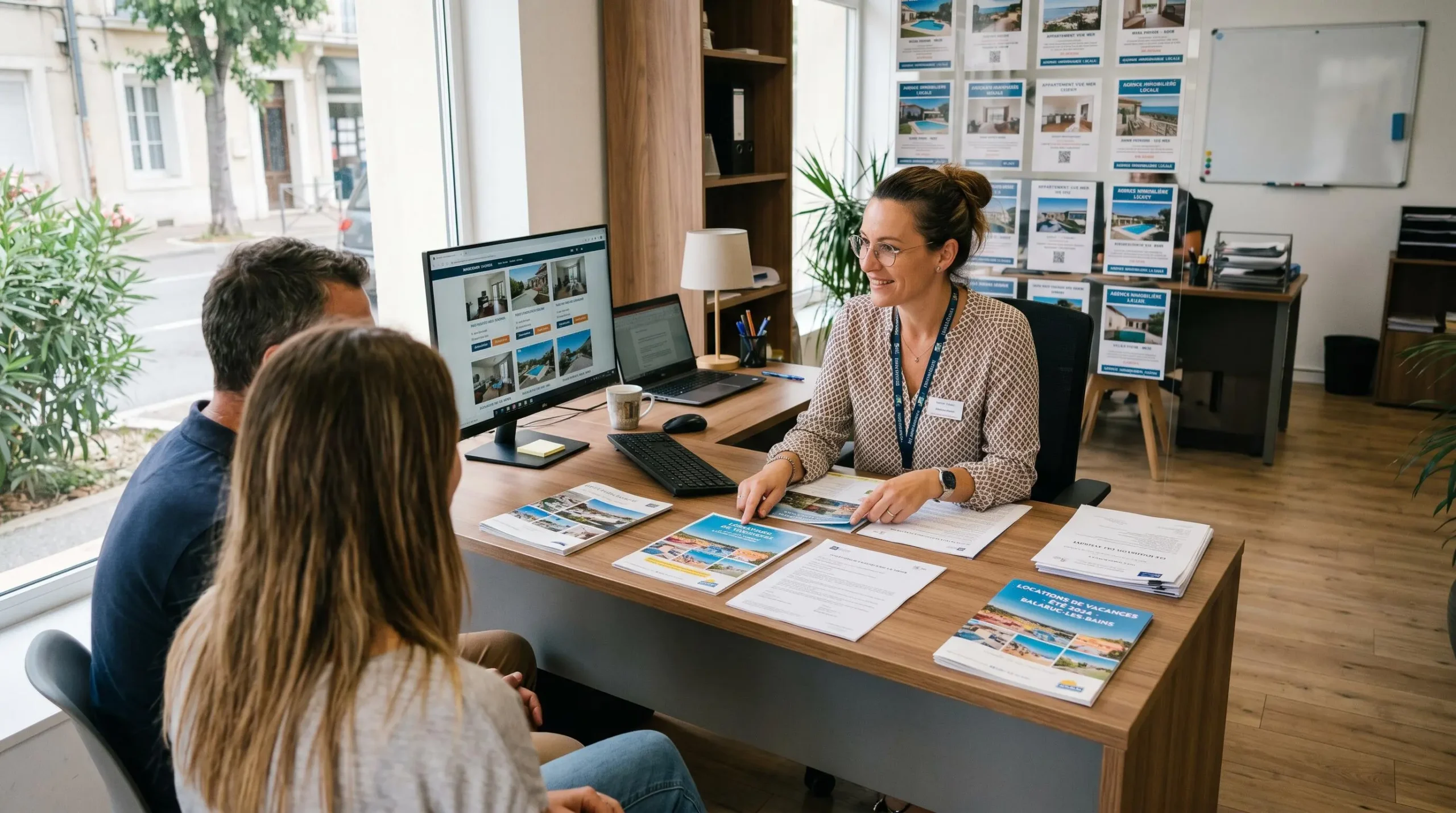 Conseillère immobilière dans une agence à Balaruc-les-Bains présentant des documents de location saisonnière à un couple de clients, bureau contemporain avec écran et brochures