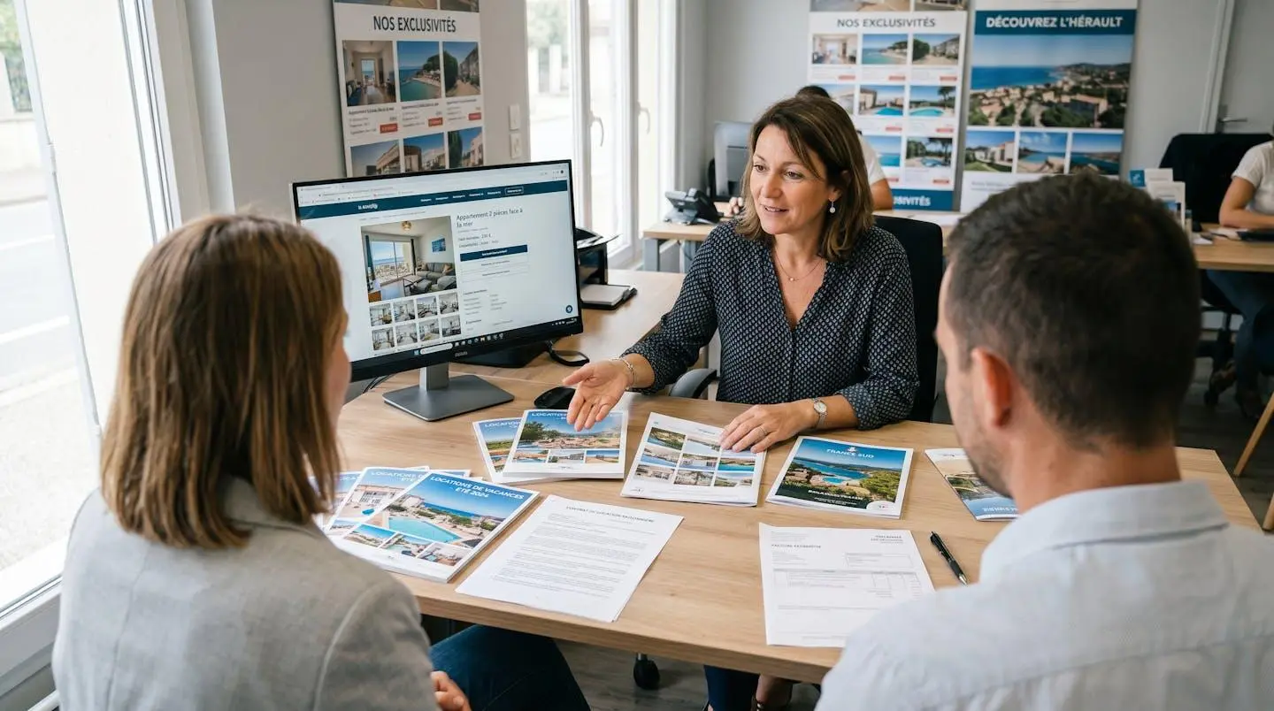 Conseillère immobilière dans une agence à Balaruc-les-Bains présentant des documents de location saisonnière à un couple de clients, bureau contemporain avec écran et brochures