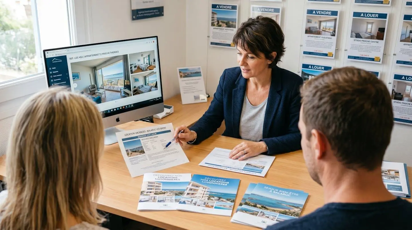 Conseillère immobilière dans une agence à Balaruc-les-Bains présentant des documents de location saisonnière à un couple de clients, bureau contemporain avec écran et brochures
