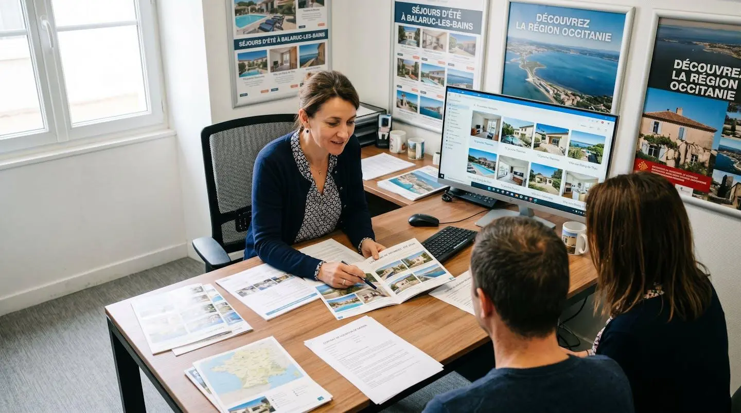 Conseillère immobilière dans une agence à Balaruc-les-Bains présentant des documents de location saisonnière à un couple de clients, bureau contemporain avec écran et brochures