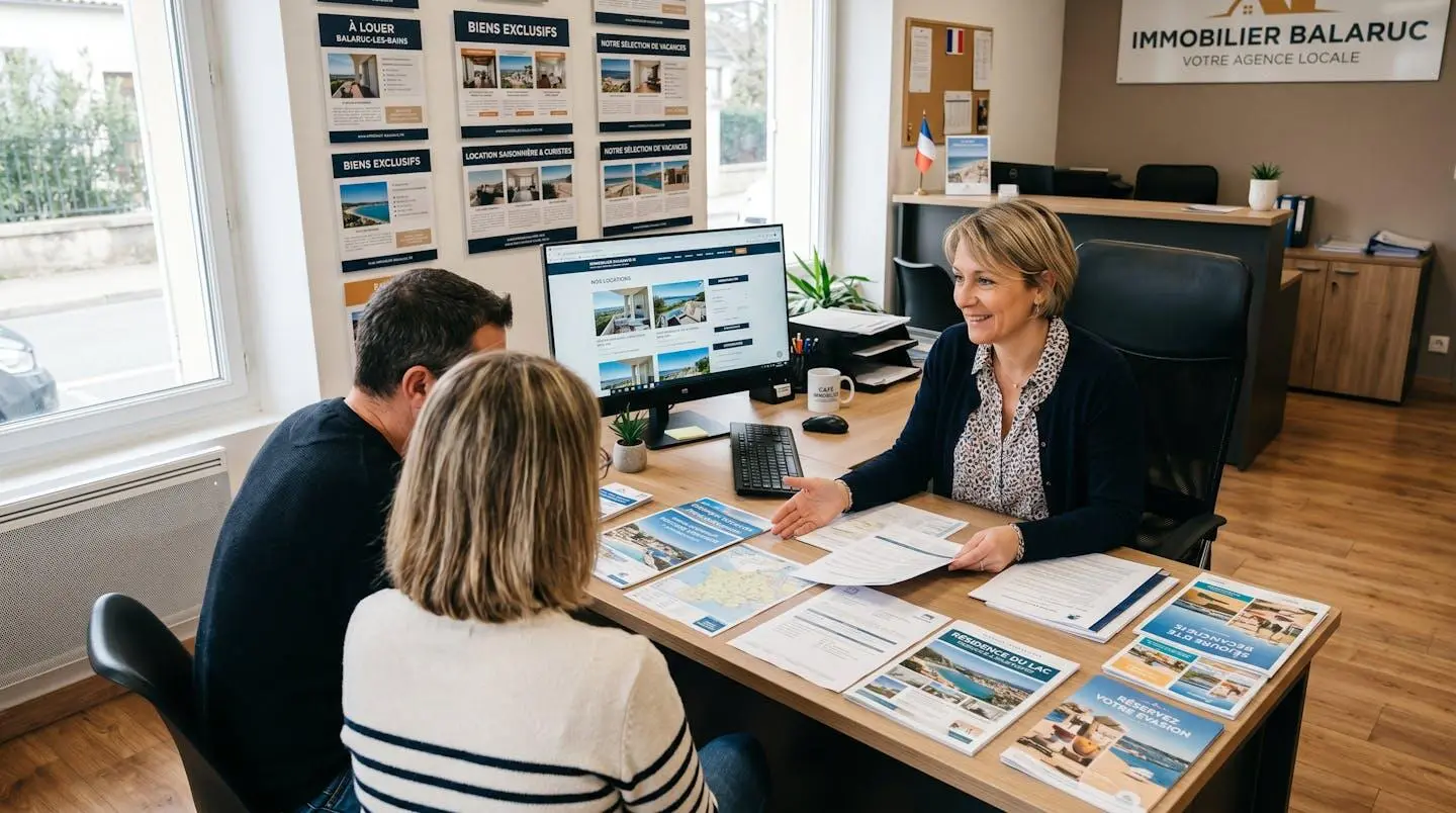 Conseillère immobilière dans une agence à Balaruc-les-Bains présentant des documents de location saisonnière à un couple de clients, bureau contemporain avec écran et brochures