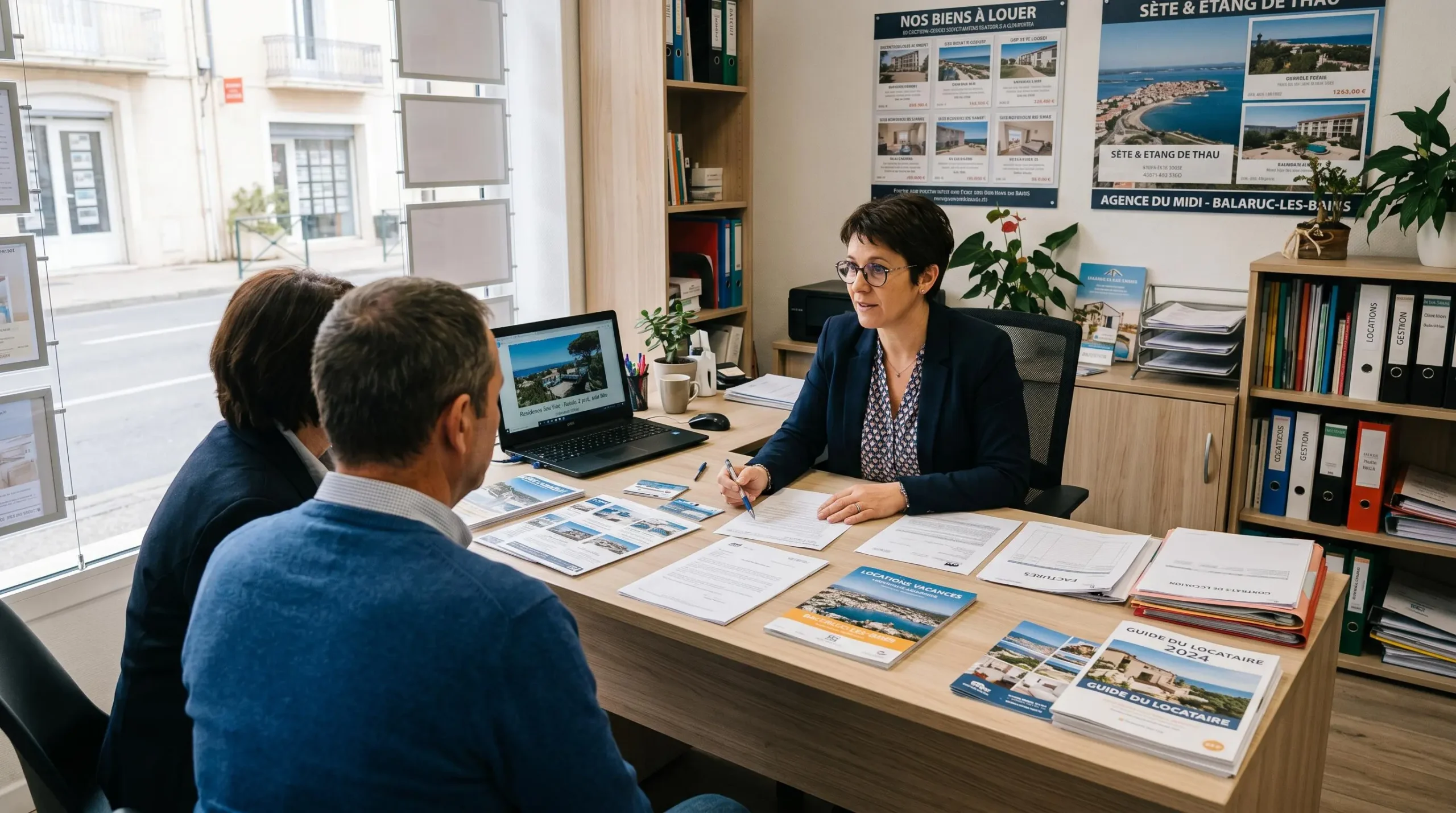 Conseillère immobilière dans une agence à Balaruc-les-Bains présentant des documents de location saisonnière à un couple de clients, bureau contemporain avec écran et brochures