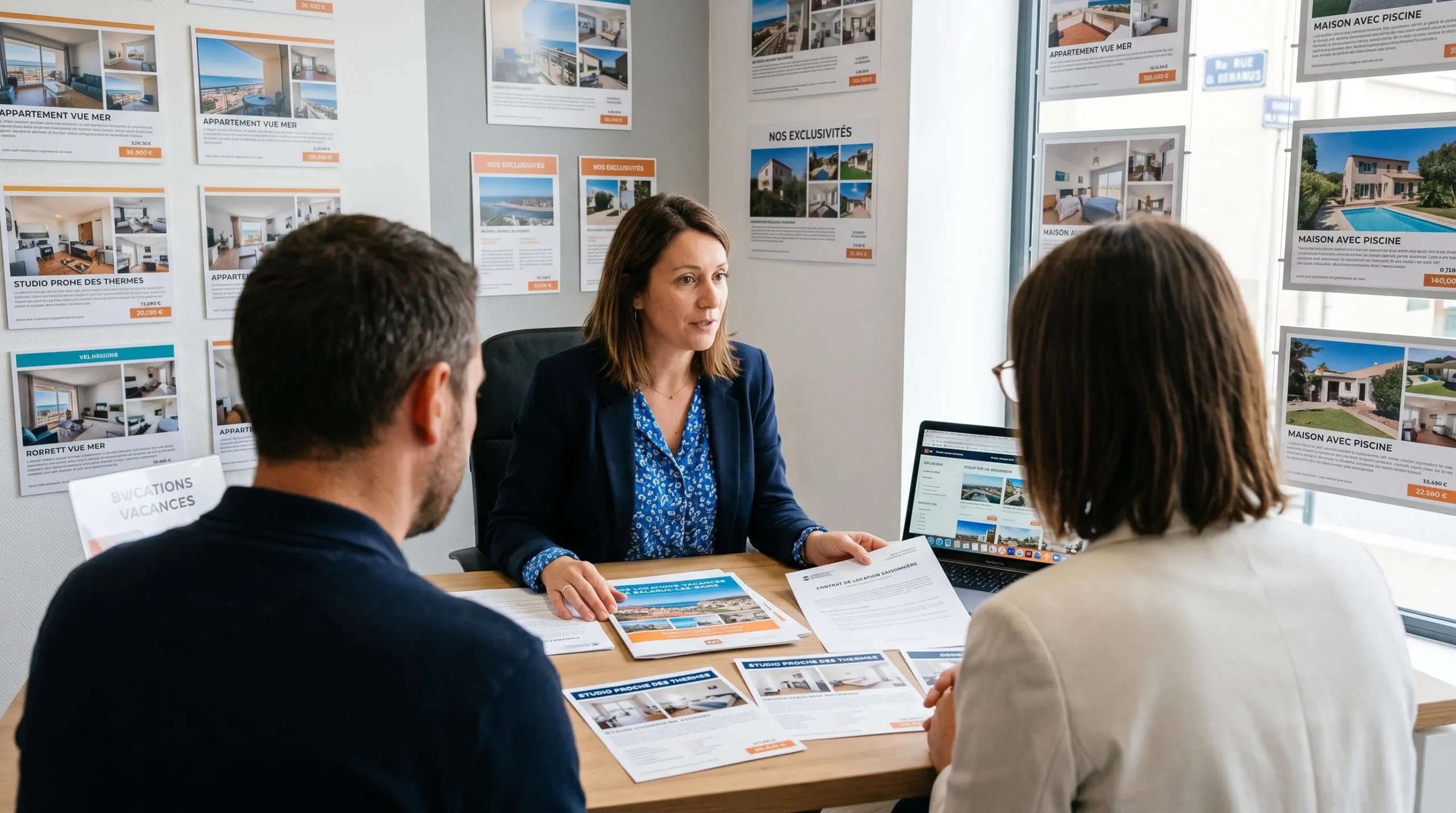Conseillère immobilière dans une agence à Balaruc-les-Bains présentant des documents de location saisonnière à un couple de clients, bureau contemporain avec écran et brochures