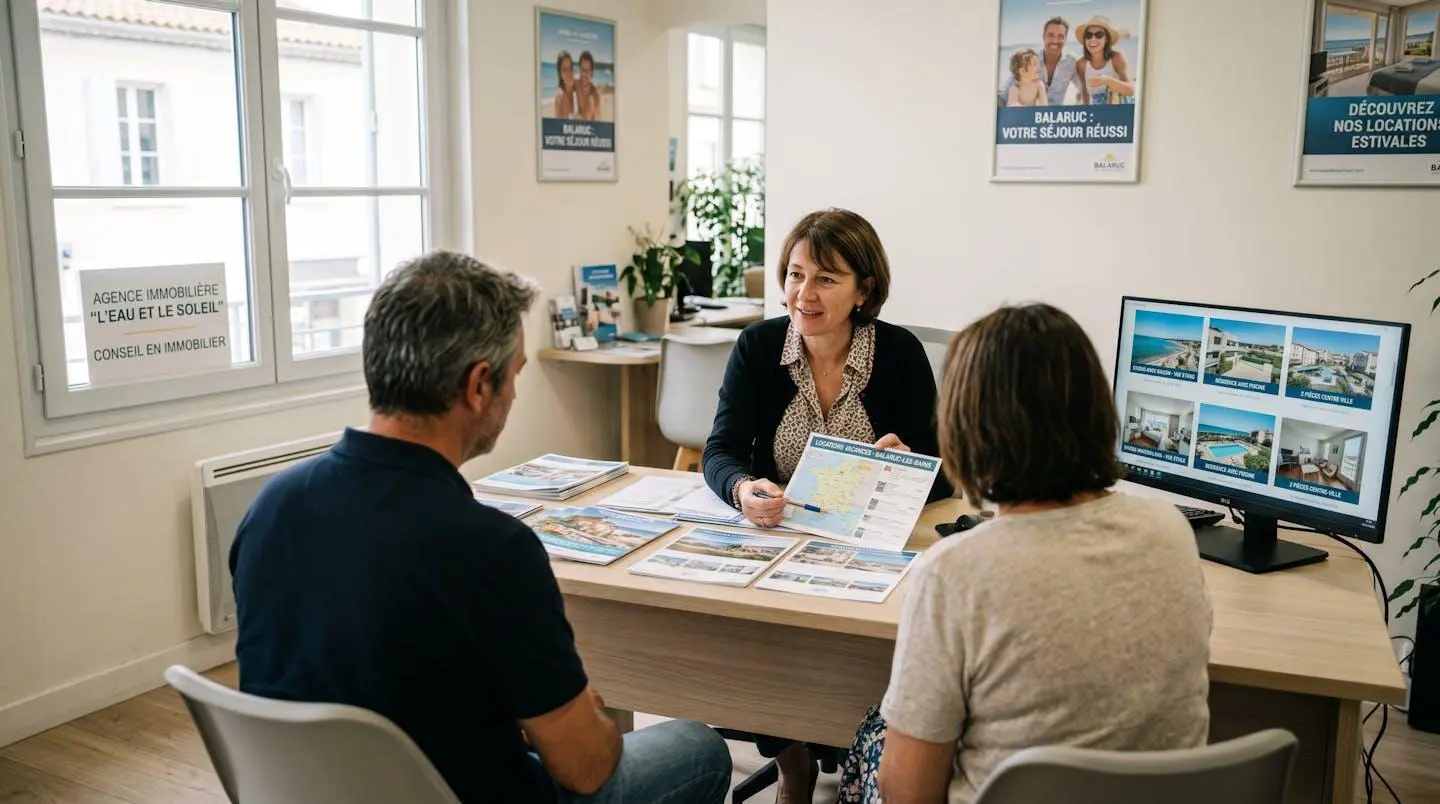 Conseillère immobilière dans une agence à Balaruc-les-Bains présentant des documents de location saisonnière à un couple de clients, bureau contemporain avec écran et brochures