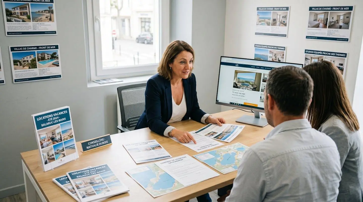 Conseillère immobilière dans une agence à Balaruc-les-Bains présentant des documents de location saisonnière à un couple de clients, bureau contemporain avec écran et brochures
