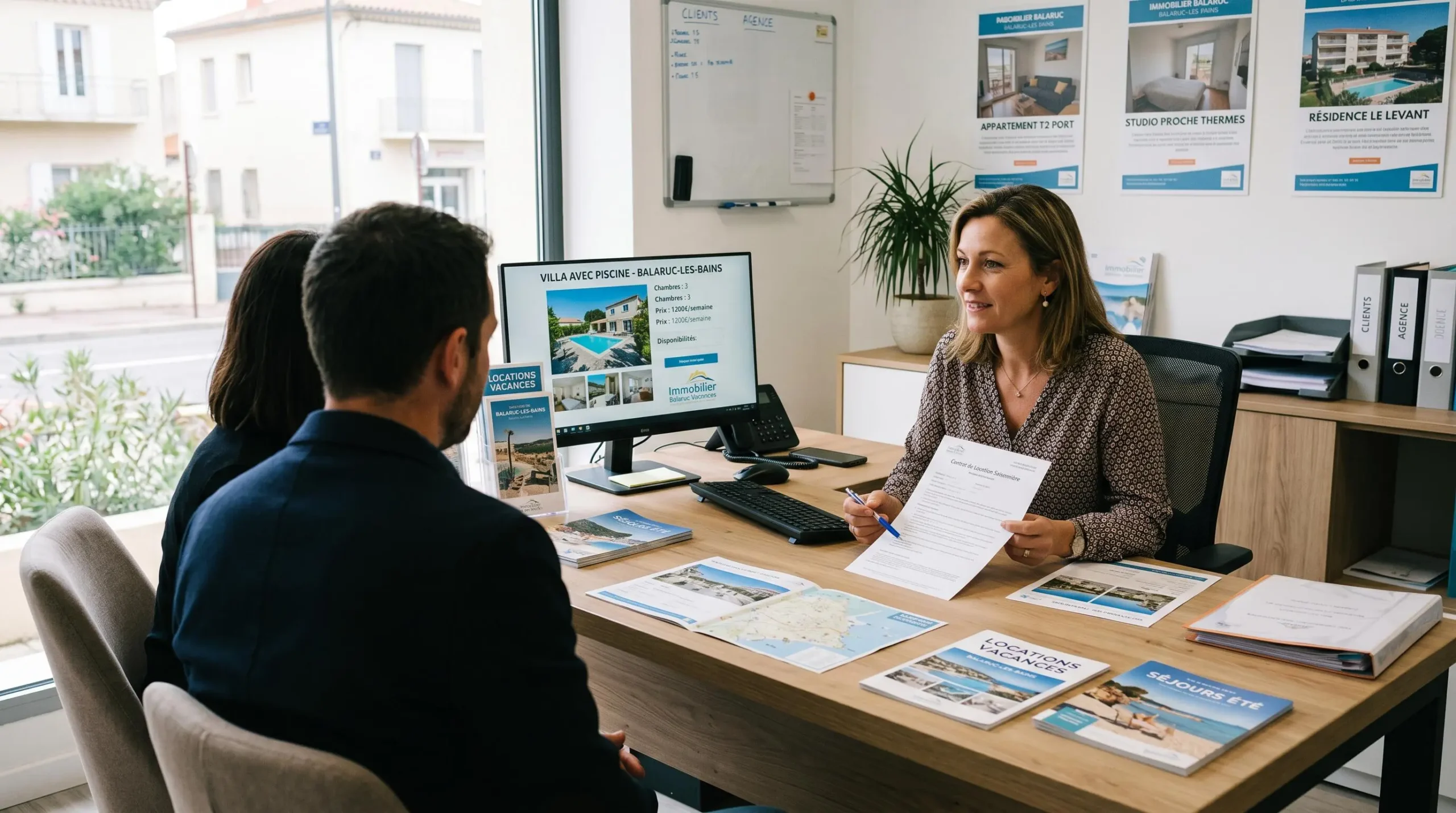 Conseillère immobilière dans une agence à Balaruc-les-Bains présentant des documents de location saisonnière à un couple de clients, bureau contemporain avec écran et brochures