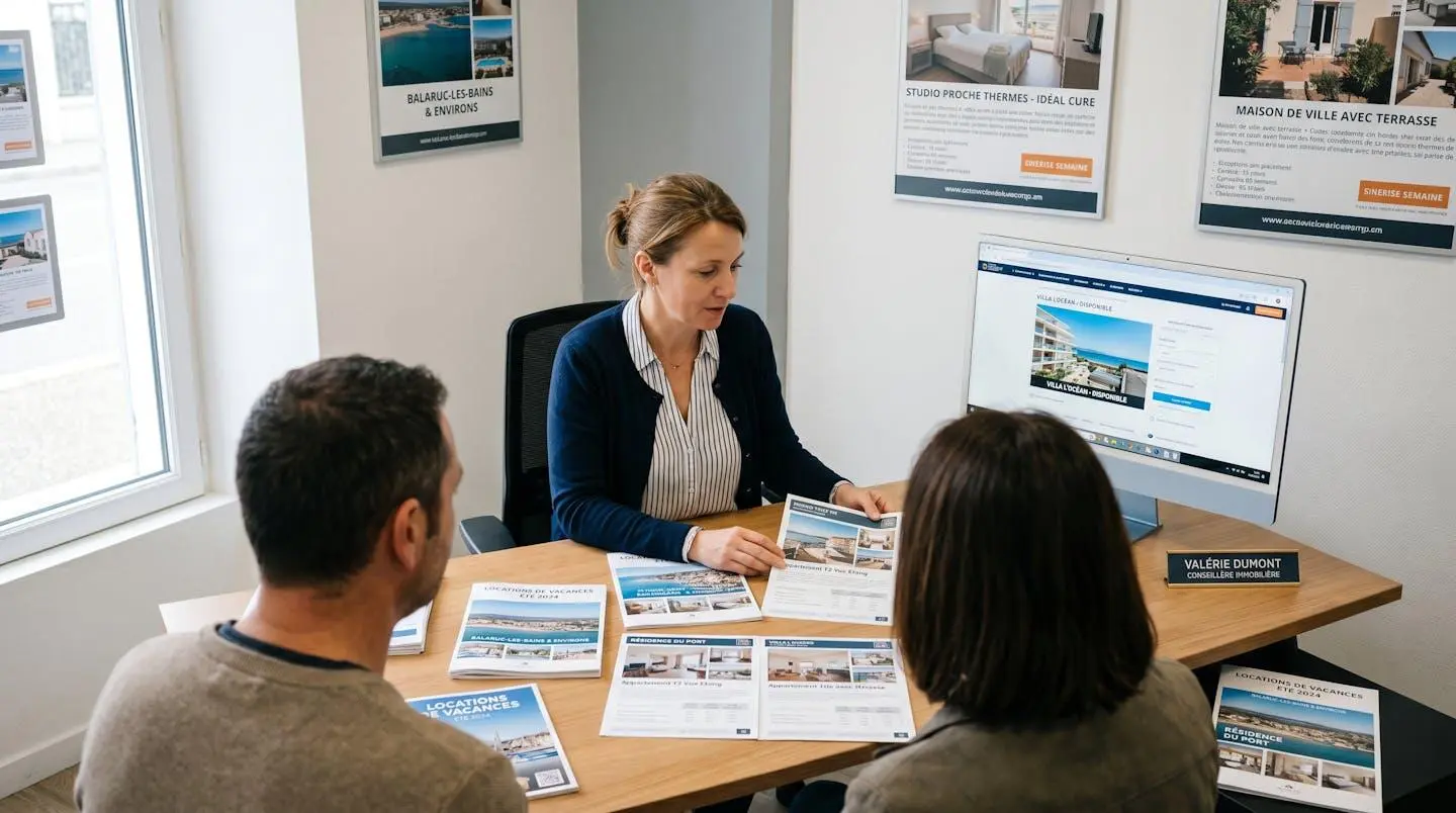 Conseillère immobilière dans une agence à Balaruc-les-Bains présentant des documents de location saisonnière à un couple de clients, bureau contemporain avec écran et brochures