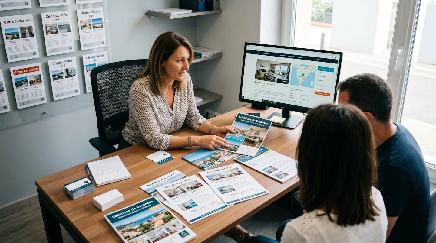 Conseillère immobilière dans une agence à Balaruc-les-Bains présentant des documents de location saisonnière à un couple de clients, bureau contemporain avec écran et brochures