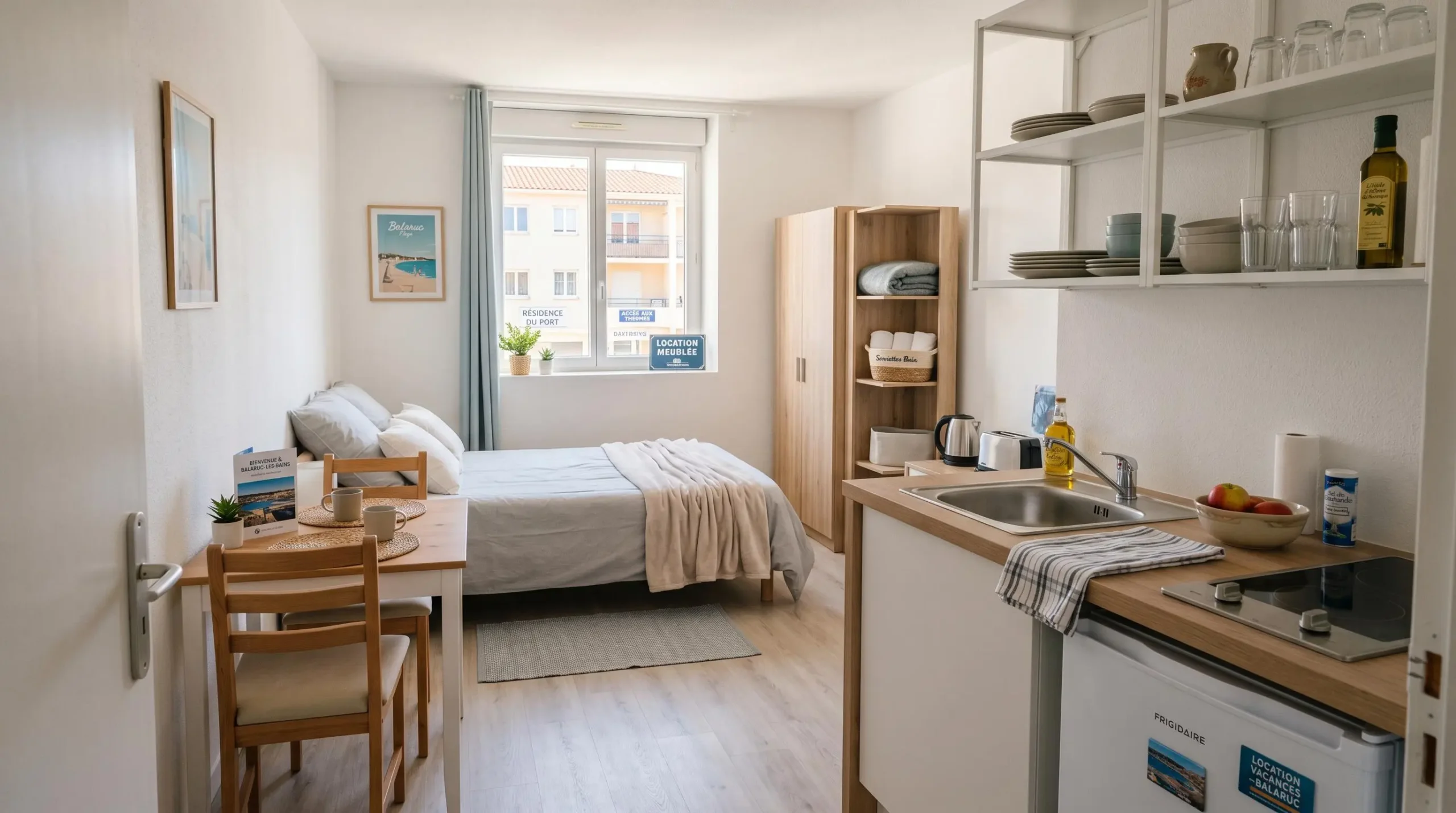 Intérieur d'un studio meublé de tourisme de 20 m² à Balaruc-les-Bains avec coin cuisine équipé, lit et table, décoration épurée tons clairs et lumière naturelle