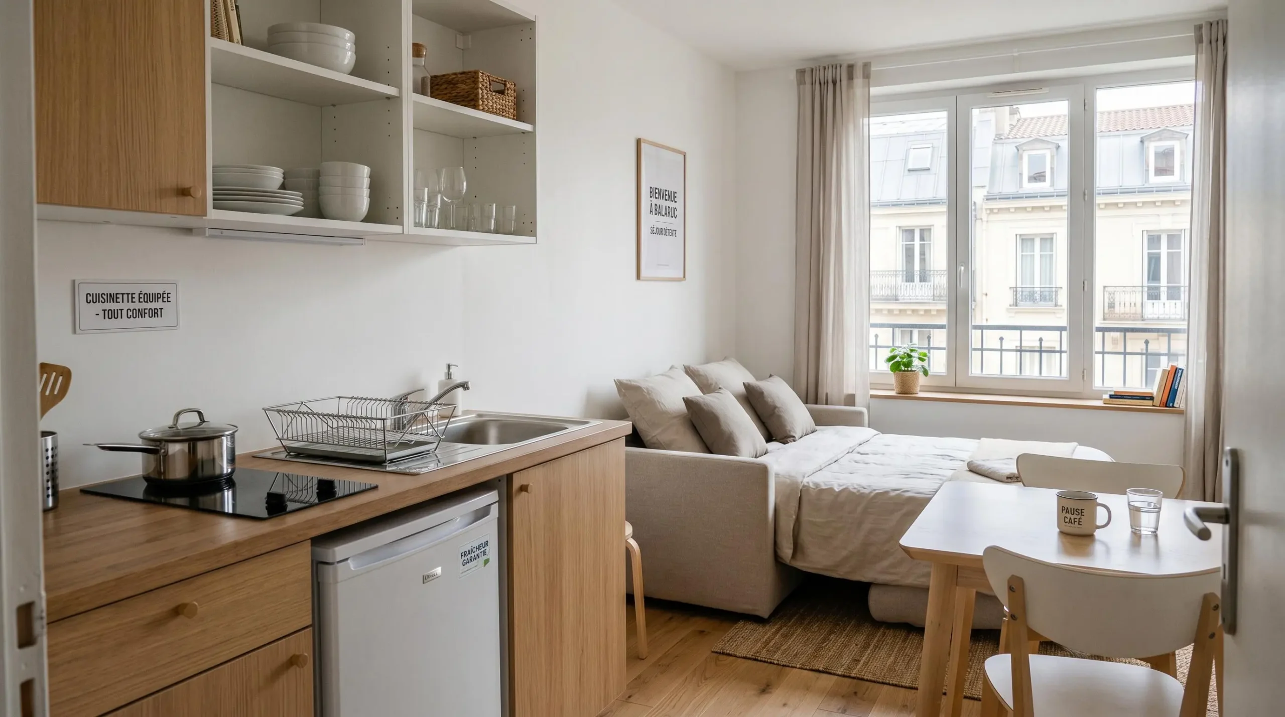 Intérieur d'un studio meublé de tourisme de 20 m² à Balaruc-les-Bains avec coin cuisine équipé, lit et table, décoration épurée tons clairs et lumière naturelle