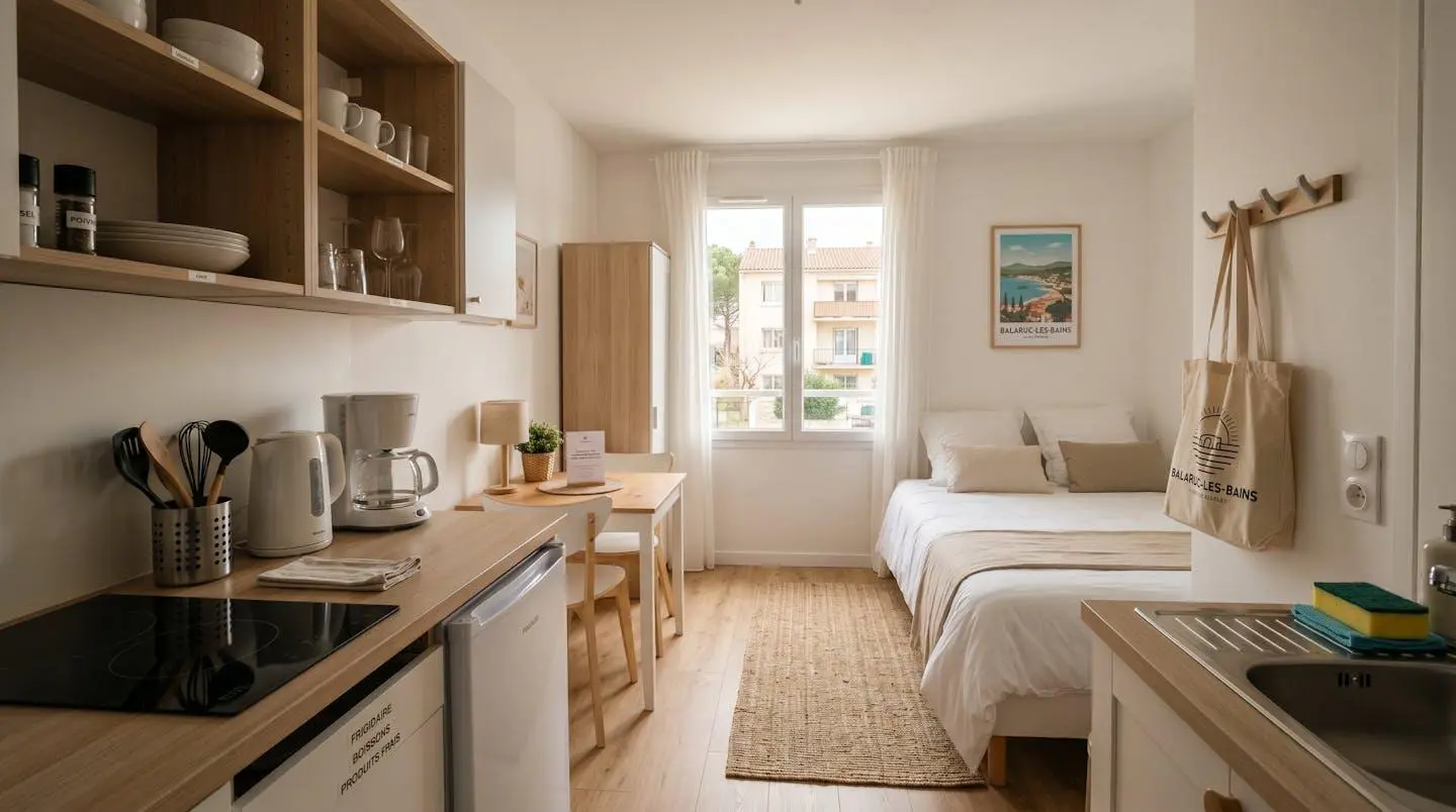 Intérieur d'un studio meublé de tourisme de 20 m² à Balaruc-les-Bains avec coin cuisine équipé, lit et table, décoration épurée tons clairs et lumière naturelle