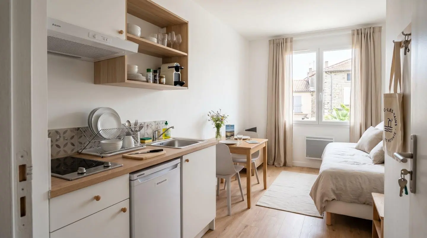 Intérieur d'un studio meublé de tourisme de 20 m² à Balaruc-les-Bains avec coin cuisine équipé, lit et table, décoration épurée tons clairs et lumière naturelle