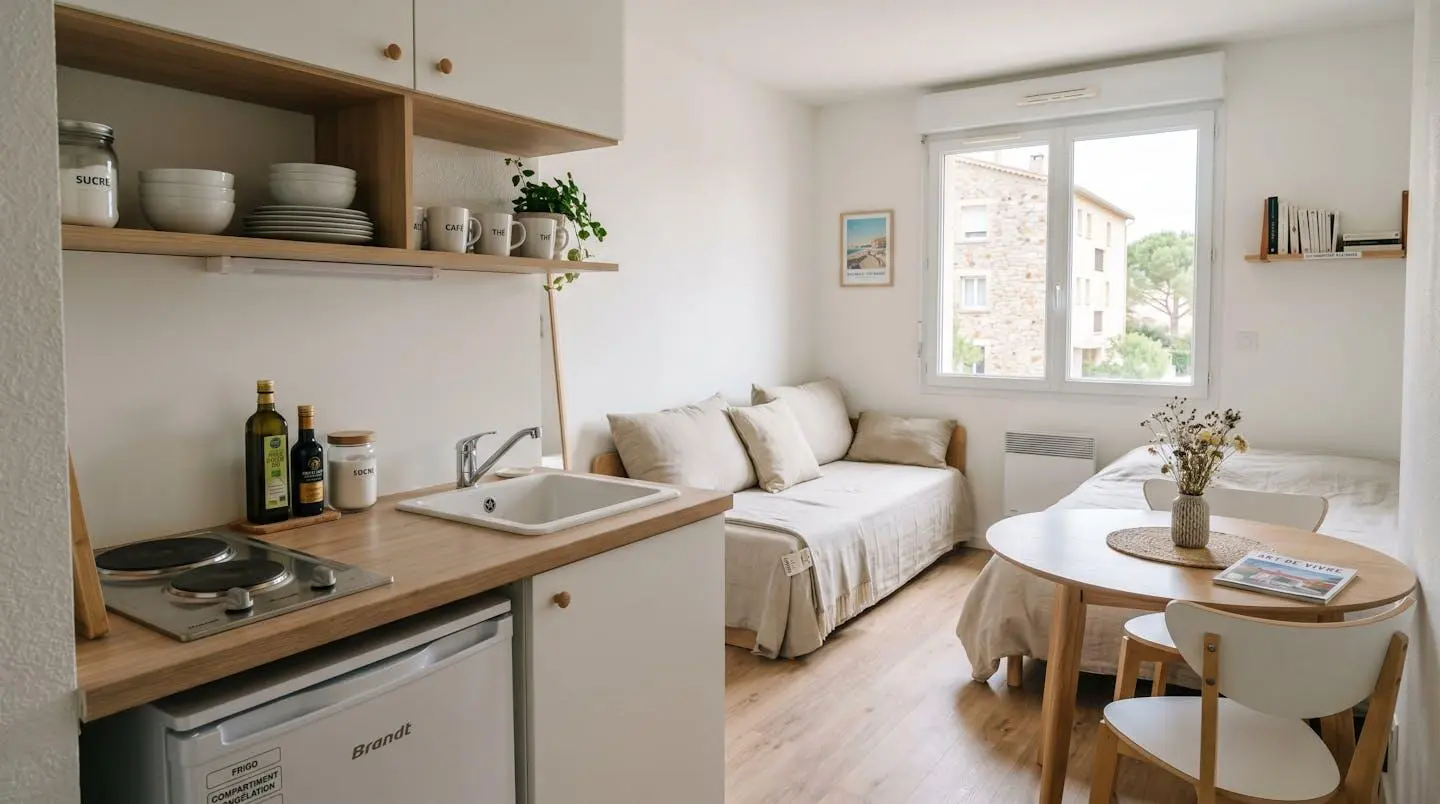 Intérieur d'un studio meublé de tourisme de 20 m² à Balaruc-les-Bains avec coin cuisine équipé, lit et table, décoration épurée tons clairs et lumière naturelle