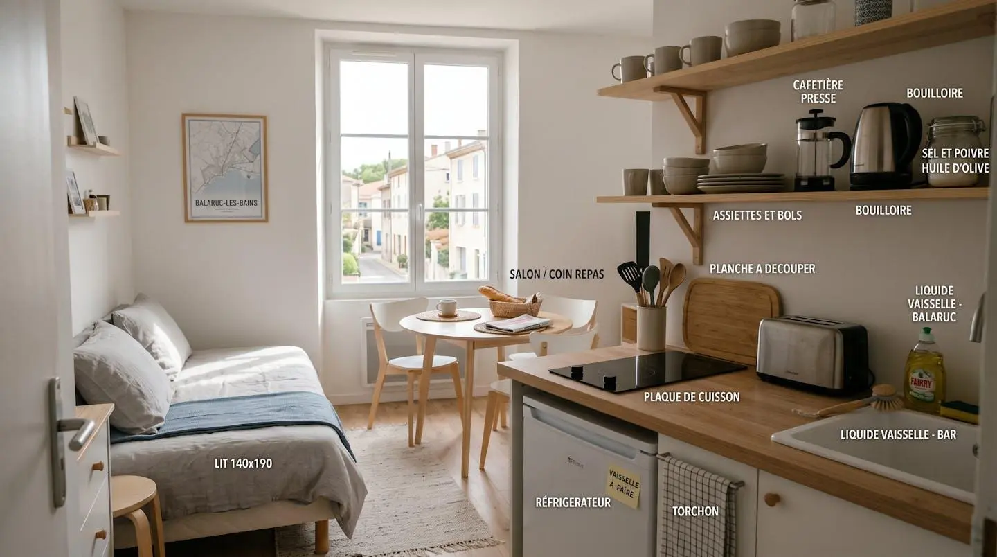 Intérieur d'un studio meublé de tourisme de 20 m² à Balaruc-les-Bains avec coin cuisine équipé, lit et table, décoration épurée tons clairs et lumière naturelle