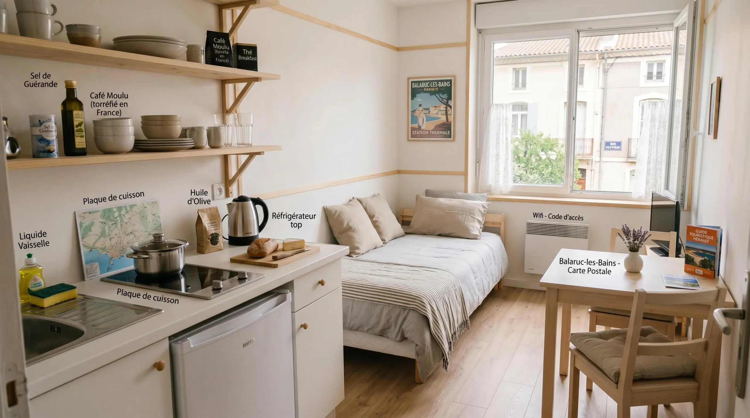 Intérieur d'un studio meublé de tourisme de 20 m² à Balaruc-les-Bains avec coin cuisine équipé, lit et table, décoration épurée tons clairs et lumière naturelle
