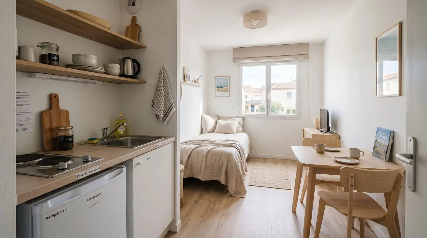 Intérieur d'un studio meublé de tourisme de 20 m² à Balaruc-les-Bains avec coin cuisine équipé, lit et table, décoration épurée tons clairs et lumière naturelle