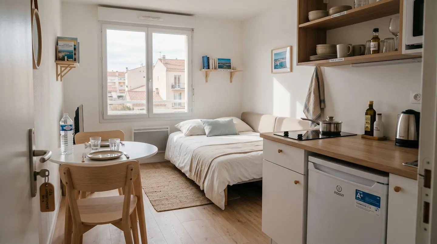 Intérieur d'un studio meublé de tourisme de 20 m² à Balaruc-les-Bains avec coin cuisine équipé, lit et table, décoration épurée tons clairs et lumière naturelle
