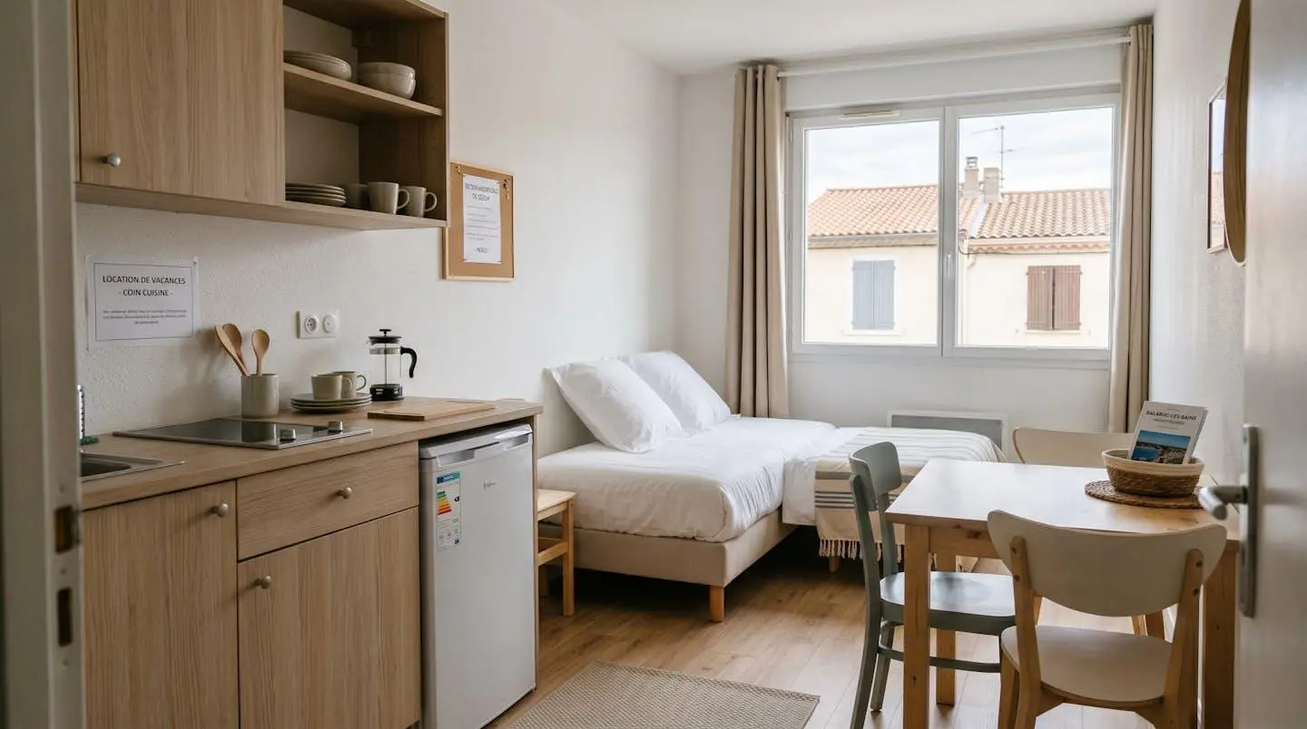 Intérieur d'un studio meublé de tourisme de 20 m² à Balaruc-les-Bains avec coin cuisine équipé, lit et table, décoration épurée tons clairs et lumière naturelle